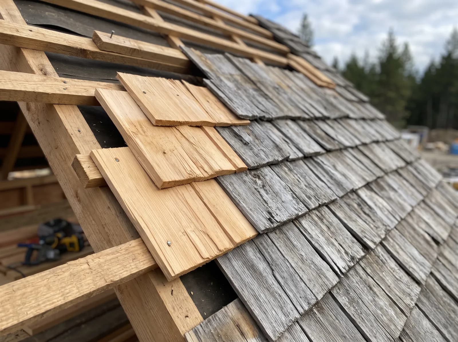 Katusenurk paigalduse käigus — värsked heledad puitsindlid kõrvuti juba hallistunud vanemate laastudega, nähtavad roovitus ja tuulutusvahe.
